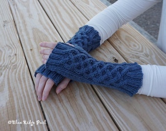 Hand knit fingerless gloves, wool hand warmers, blue knit gloves, 100% superwash wool