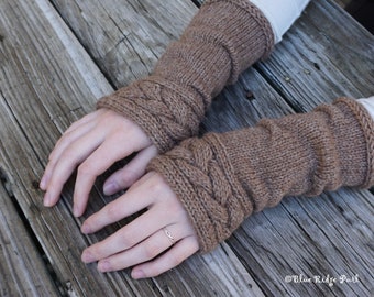 Brown knit gloves / merino wool fingerless mitts / Highland braid arm warmers / Outlander inspired