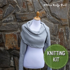 Sweater scarf, wrap sweater, easy knit scarf, knit kit, printed pattern, yarn, knitting needles