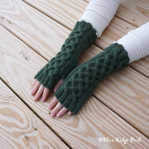 Celtic braid fingerless gloves, hand knit cabled gloves, wool hand warmers, green knit gloves, 100% superwash wool