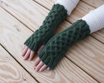 Celtic braid fingerless gloves, hand knit cabled gloves, wool hand warmers, green knit gloves, 100% superwash wool