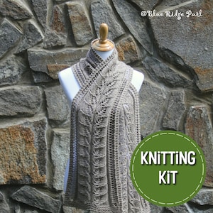 Kit de tejido DIY, bufanda Cascading Leaves, patrón estampado, hilo, agujas de tejer, kit de tejido de bufanda, kit de tejido de bufanda de encaje