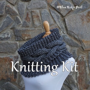 Scarf knitting kit, Highland braid cowl, printed pattern / yarn / knitting needles