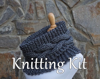 Scarf knitting kit, Highland braid cowl, printed pattern / yarn / knitting needles