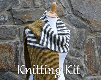 Stiped scarf knit kit / knitting pattern, yarn, needles / 7 color options