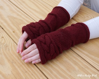 Knitted arm warmers / red knit gloves / merino wool fingerless mitts / Highland braid arm warmers / Outlander inspired