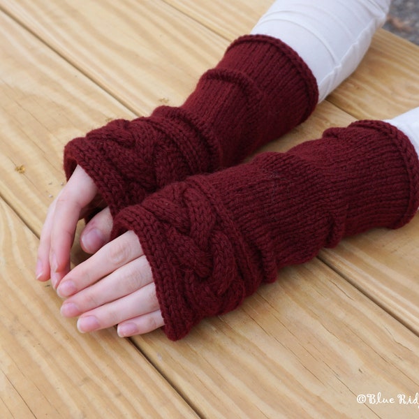 Knitted arm warmers / red knit gloves / merino wool fingerless mitts / Highland braid arm warmers / Outlander inspired