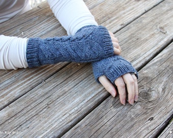 Blue alpaca hand knitted winter arm warmers / wool knit office texting fingerless gloves / cozy womens handmade Sassenach mitts