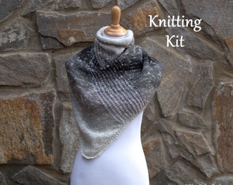 DIY knitting kit, Trillium shawl knitting kit, printed pattern and yarn, knitting scarf kit, shawl pattern with yarn