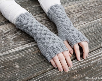 Celtic braid fingerless gloves, hand knit cabled gloves, wool hand warmers, gray knit gloves, 100% superwash wool