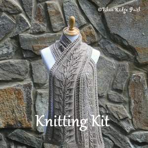 DIY knitting kit, Cascading Leaves scarf, printed pattern, yarn, knitting needles, knitting scarf kit, lace scarf knitting kit