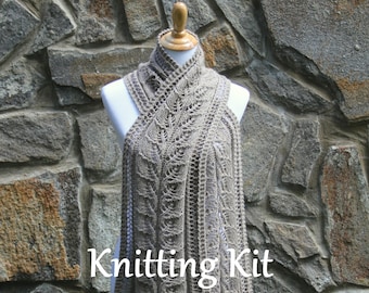 DIY knitting kit, Cascading Leaves scarf, printed pattern, yarn, knitting needles, knitting scarf kit, lace scarf knitting kit