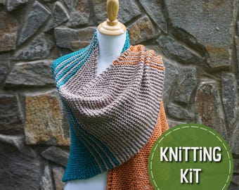 Shawl knitting kit, merino wool shawl kit, pattern, yarn, needles