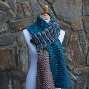 Long hand knit scarf, colorful knitted scarf, blue scarf, beige scarf