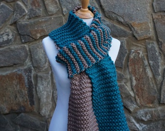 Long hand knit scarf / colorful knitted scarf / blue scarf / beige scarf