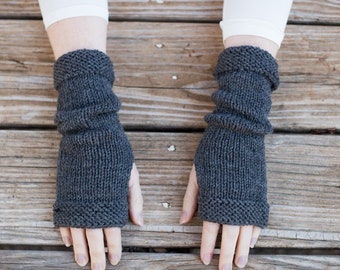 Warm winter gloves hand knit arm warmers charcoal grey fingerless mitts handmade winter mittens Outlander style wristwarmers 100%  soft wool