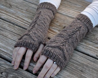 Alpaca wool knit fingerless / walnut brown texting office gloves / handmade Outlander inspired arm warmers / hand knit winter mittens womens