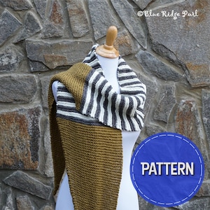 May include: A knitted scarf with a striped pattern in gray, white, and brown. The scarf is folded and draped over a mannequin. The background is a stone wall. The text "PATTERN" is on a blue circle.