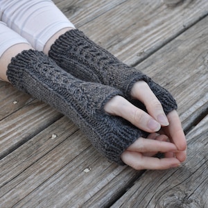 Hand knit cabled fingerless gloves, women&#39;s fingerless mitts, wool arm warmers, charcoal grey knit gloves, knit winter gloves, 100% wool
