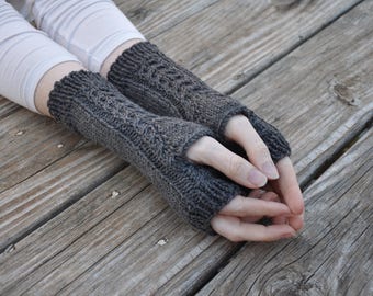 Hand knit cabled fingerless gloves, women's fingerless mitts, wool arm warmers, charcoal grey knit gloves, knit winter gloves, 100% wool