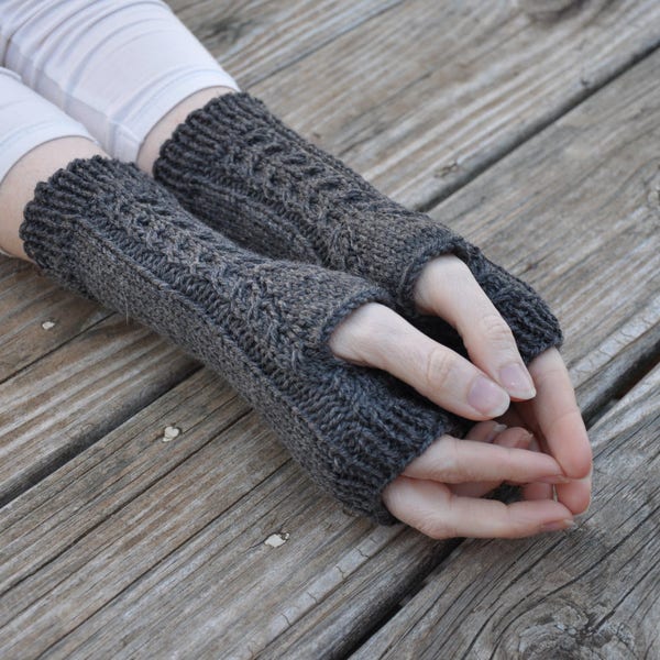 Hand knit cabled fingerless gloves, women's fingerless mitts, wool arm warmers, charcoal grey knit gloves, knit winter gloves, 100% wool