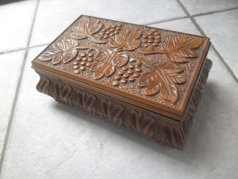 Vintage 70s Wooden Jewelry Box,Handmade Grape Motives Box,Gift For Her,Folk Art