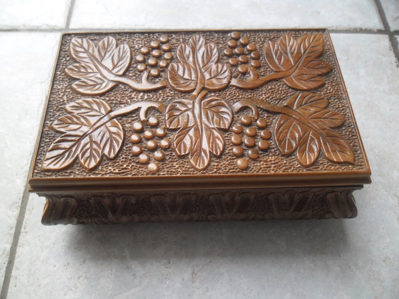 Vintage 70s Wooden Jewelry Box,Handmade Grape Motives Box,Gift For Her,Folk Art