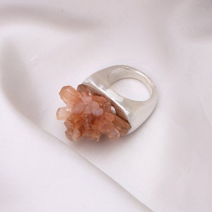 Raw aragonite ring, March birthday gift, Rough gemstone, Statement silver ring, Avantgarde ring, Peach Aragonite silver ring image 1