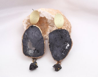 Drop Earrings with Black Quartz and Crystals, 1st anniversary gift, Paper anniversary, Raw gemstone earrings, Earrings for Easter