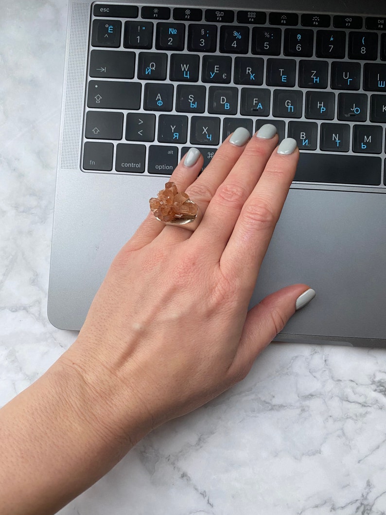 Raw aragonite ring, March birthday gift, Rough gemstone, Statement silver ring, Avantgarde ring, Peach Aragonite silver ring image 7