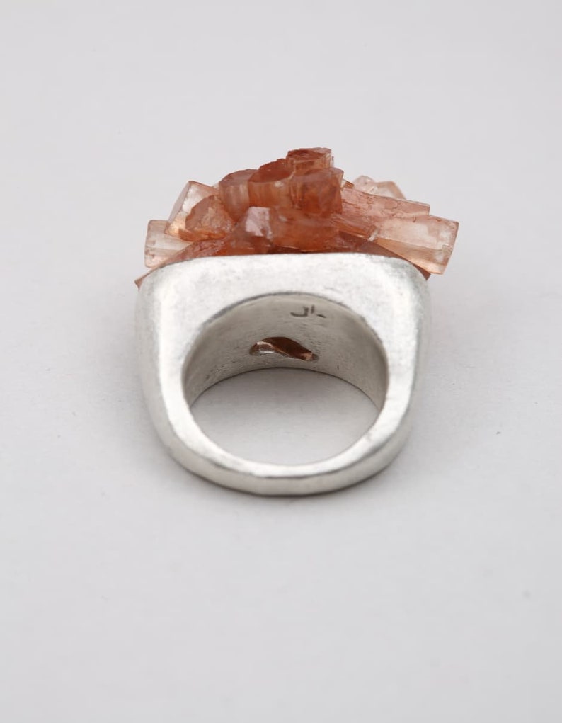 Raw aragonite ring, March birthday gift, Rough gemstone, Statement silver ring, Avantgarde ring, Peach Aragonite silver ring image 5