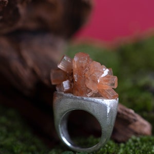 Raw aragonite ring, March birthday gift, Rough gemstone, Statement silver ring, Avantgarde ring, Peach Aragonite silver ring image 4