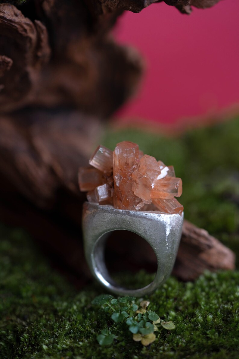 Raw aragonite ring, March birthday gift, Rough gemstone, Statement silver ring, Avantgarde ring, Peach Aragonite silver ring image 4