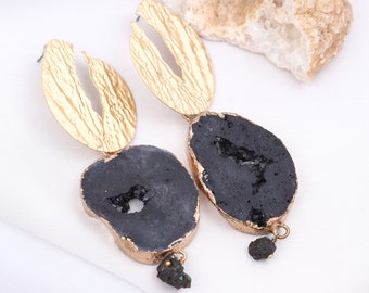 Statement Earrings with Black Quartz and Crystals, 2nd anniversary gift, Cotton anniversary, Raw gemstone earrings, Earrings for Easter