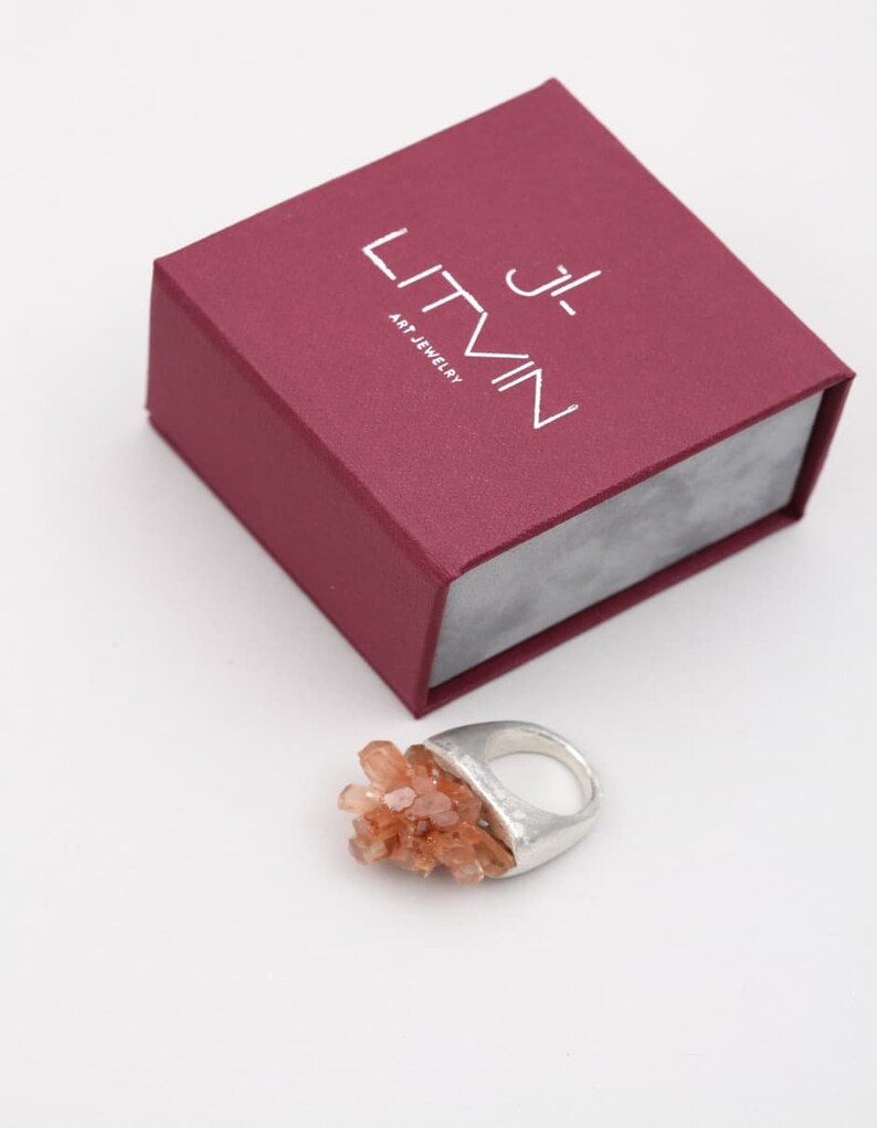 Raw aragonite ring, March birthday gift, Rough gemstone, Statement silver ring, Avantgarde ring, Peach Aragonite silver ring image 2