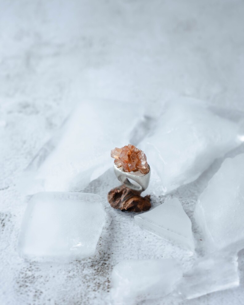 Raw aragonite ring, March birthday gift, Rough gemstone, Statement silver ring, Avantgarde ring, Peach Aragonite silver ring image 6