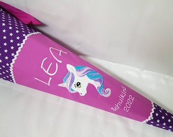 398 - School cone unicorn purple pink horse, made of fabric