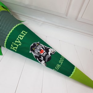 310 - School cone made of fabric, with name, sugar bag schooling panther tiger big cat green