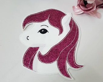 Große Pferde-Applikation, Patch, Aufbügler, Aufnäher, Pferd, Pony, pink, Horse, Selbernäher, Schultüte, weißes Pferd, Glitzer, Glitzermähne