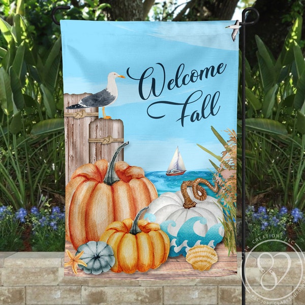 Beach Fall Garden Flag, Autumn Welcome Garden Flags, Family Pumpkin Garden Flag, Personalized Outdoor Yard Decor, Monogram Garden Decor