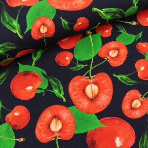 Cotton jersey Large cherries red on deep blue (11.50 EUR/meter)