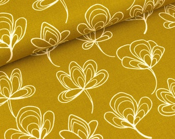 Furnishing fabric ginkgo leaves white on ochre (8.50 EUR/meter)