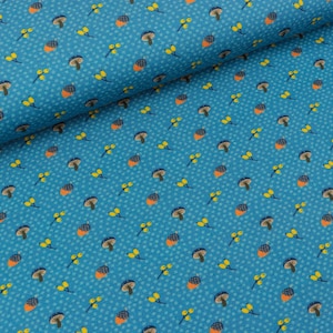 Steinbeck cotton jersey Woody mushrooms, acorns and berries on blue (15,90 EUR / meter)