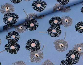 Cotton Satin Flowers black-taupe on Smoke blue (13.50 EUR/Meter)