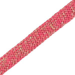 May include: Pink and gold braided trim with a metallic sheen.