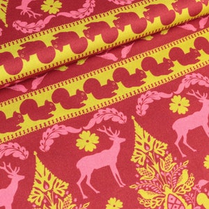 Cotton fabric Salzburg deer and squirrel on red (11.50 EUR/meter)