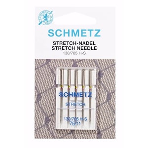 Könnte beinhalten: Eine Packung mit 5 Schmetz Stretch-Nadeln der Größe 130/705 H-S zum Nähen von dehnbaren Stoffen.