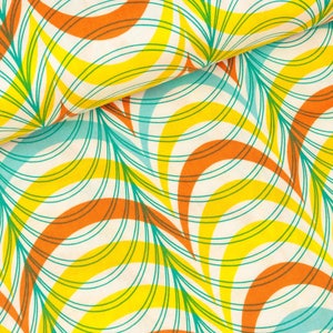 May include: Abstract fabric with a repeating pattern of curved lines in shades of orange, yellow, green, and blue on a white background.