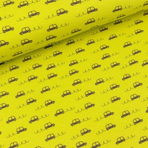 Cotton jersey Little Cars dark grey on lime (10.90 EUR/meter)