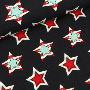Könnte beinhalten: Marineblauer Stoff mit einem sich wiederholenden Muster aus rot-weiß gestreiften Sternen mit einem türkisfarbenen Stern in der Mitte. Die Sterne haben einen gestickten Umriss.